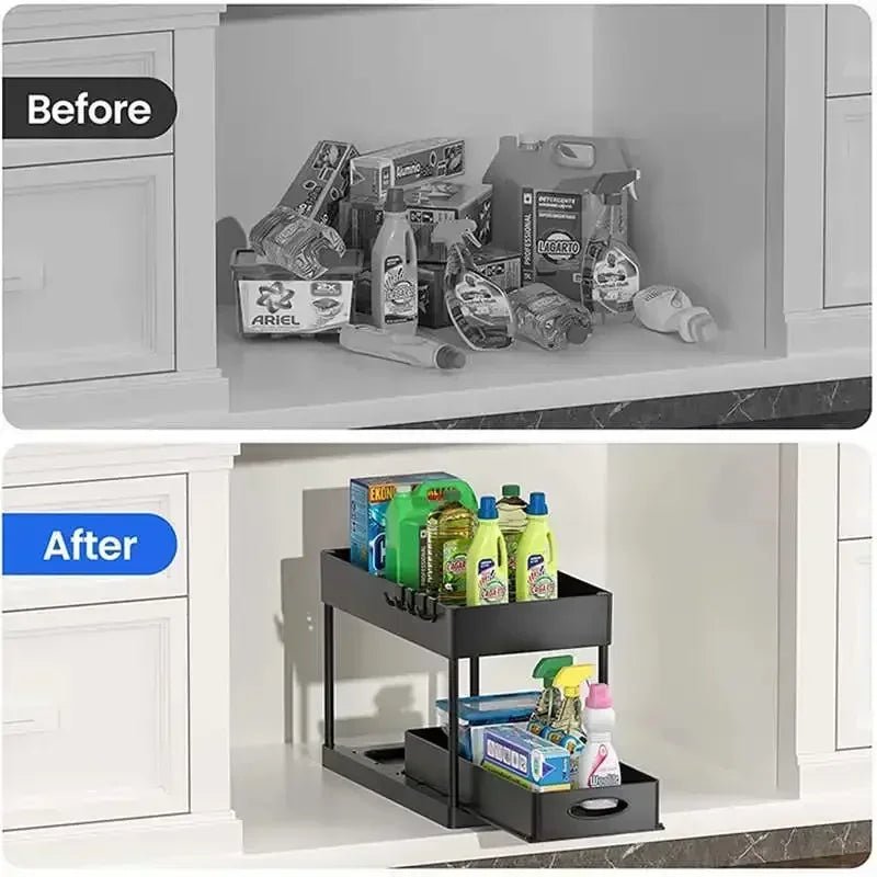 2 Tier Under Sink Organizer Sliding Cabinet Basket With Hooks