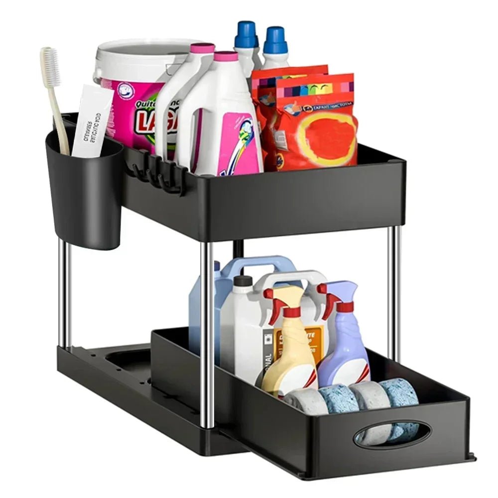 2 Tier Under Sink Organizer Sliding Cabinet Basket With Hooks