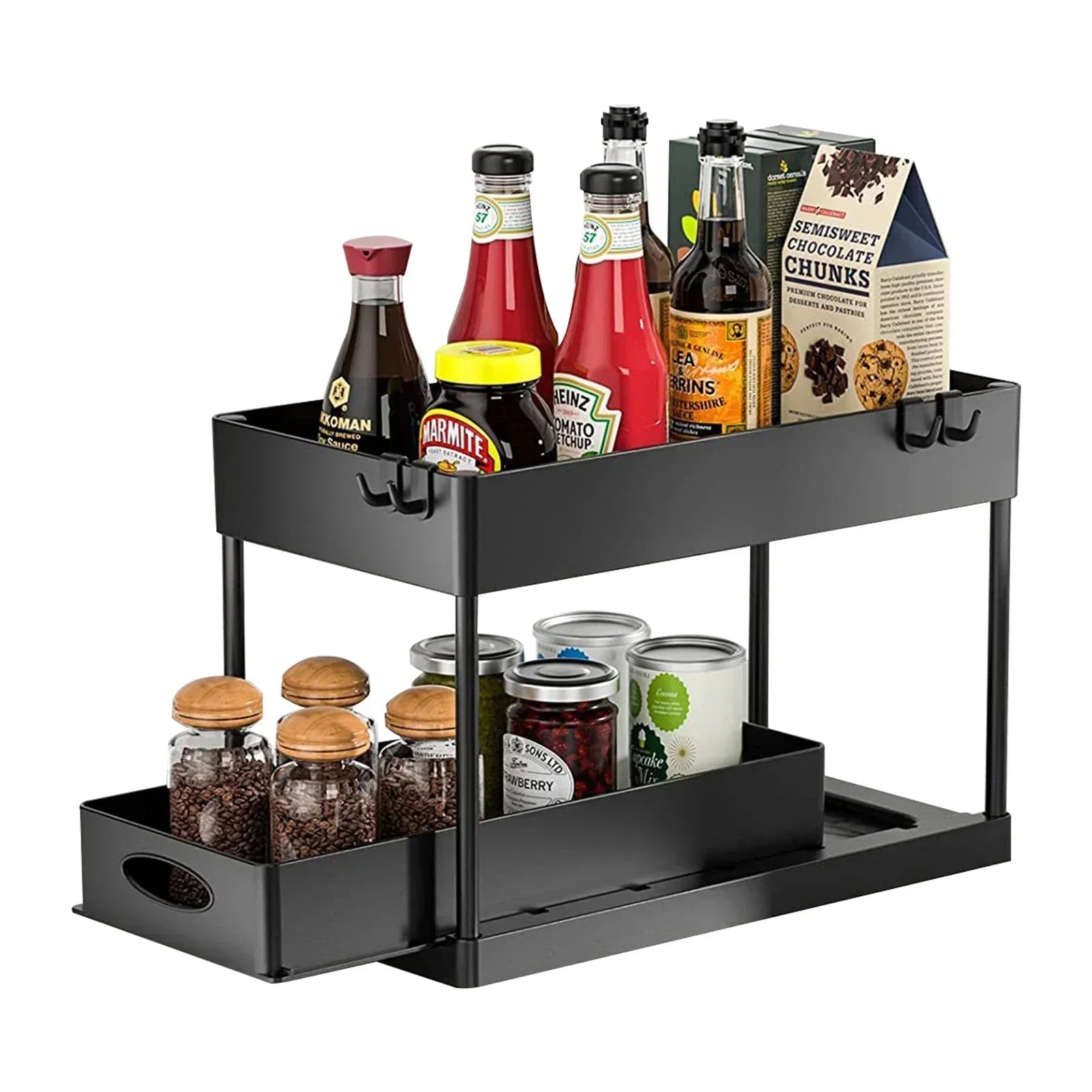 2 Tier Under Sink Organizer Sliding Cabinet Basket With Hooks