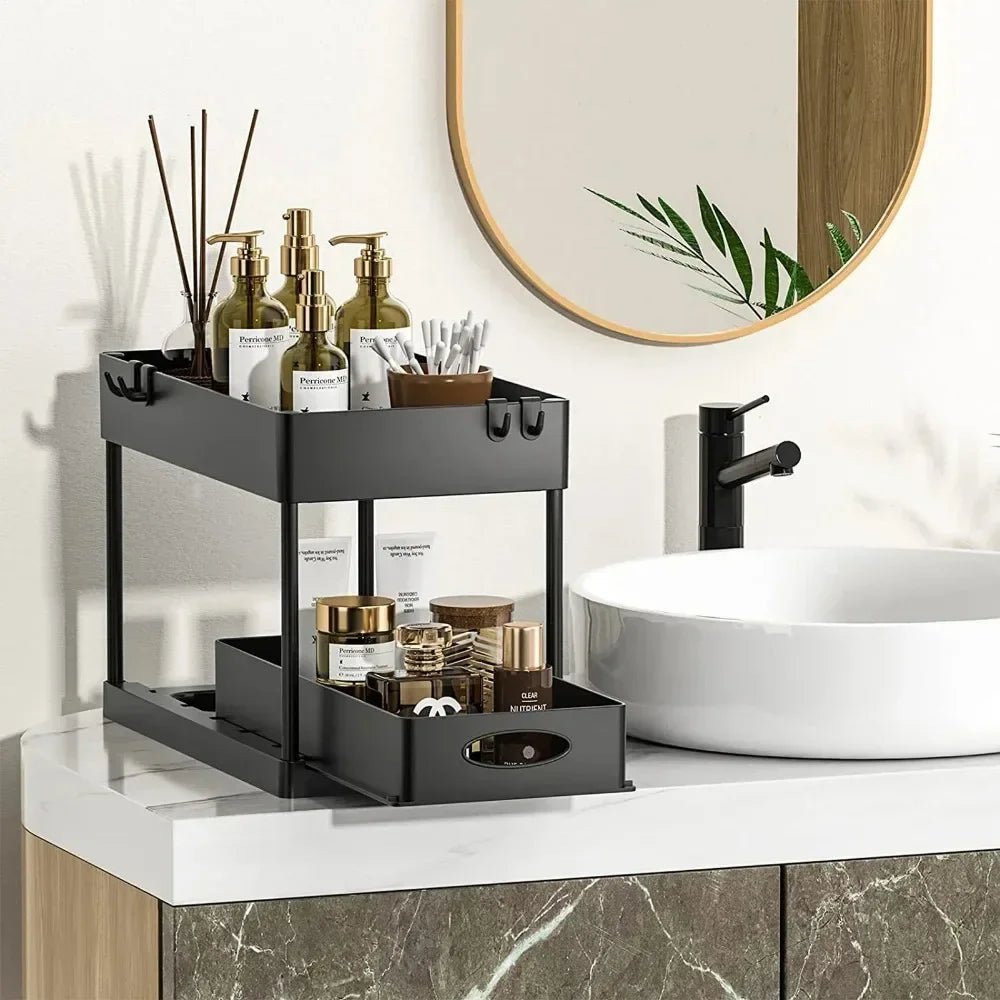 2 Tier Under Sink Organizer Sliding Cabinet Basket With Hooks