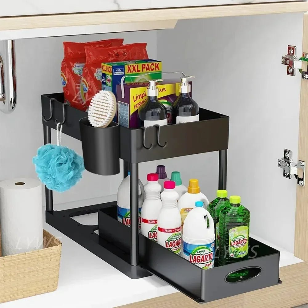 2 Tier Under Sink Organizer Sliding Cabinet Basket With Hooks