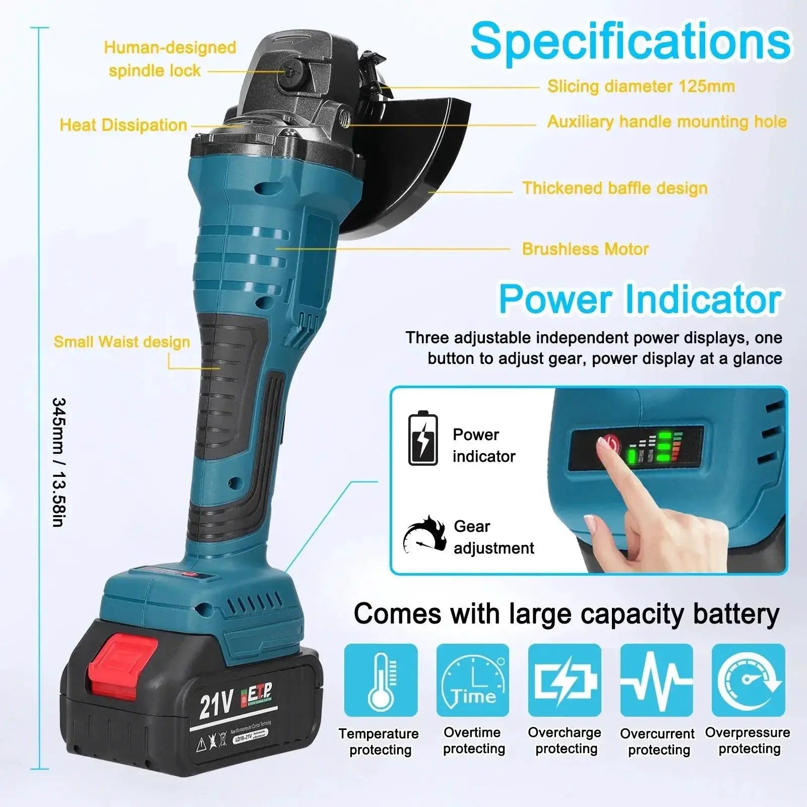 21V 125mm M14 Brushless Angle Grinder for Cutting Tasks