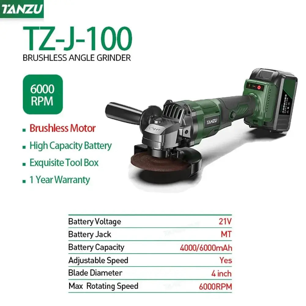 21V Brushless Cordless Angle Grinder 4 Inch Electric Tool