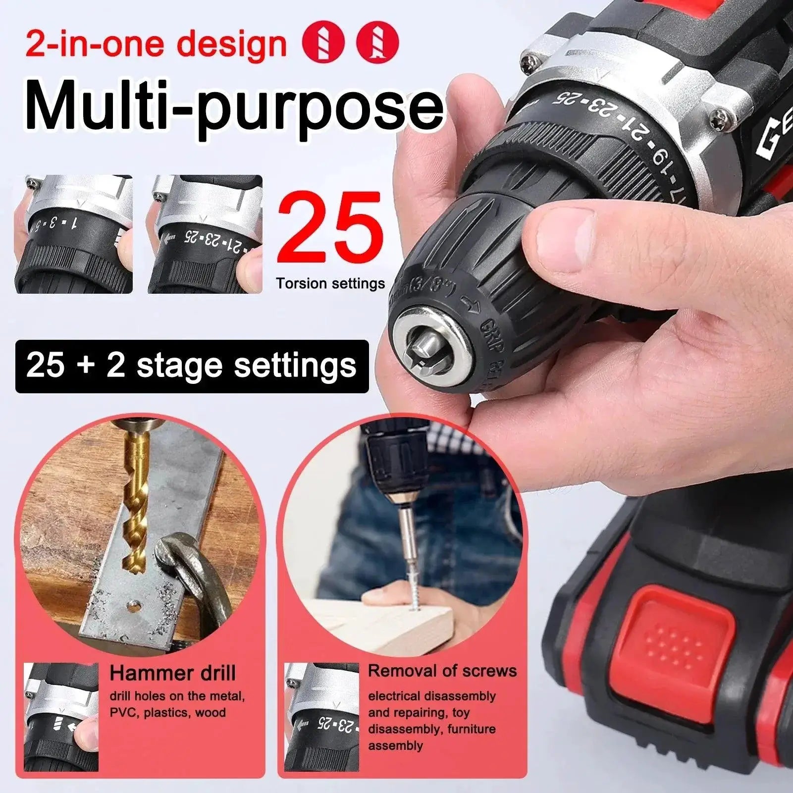 21V Cordless Impact Drill 3 - In - 1 Electric Screwdriver Kit