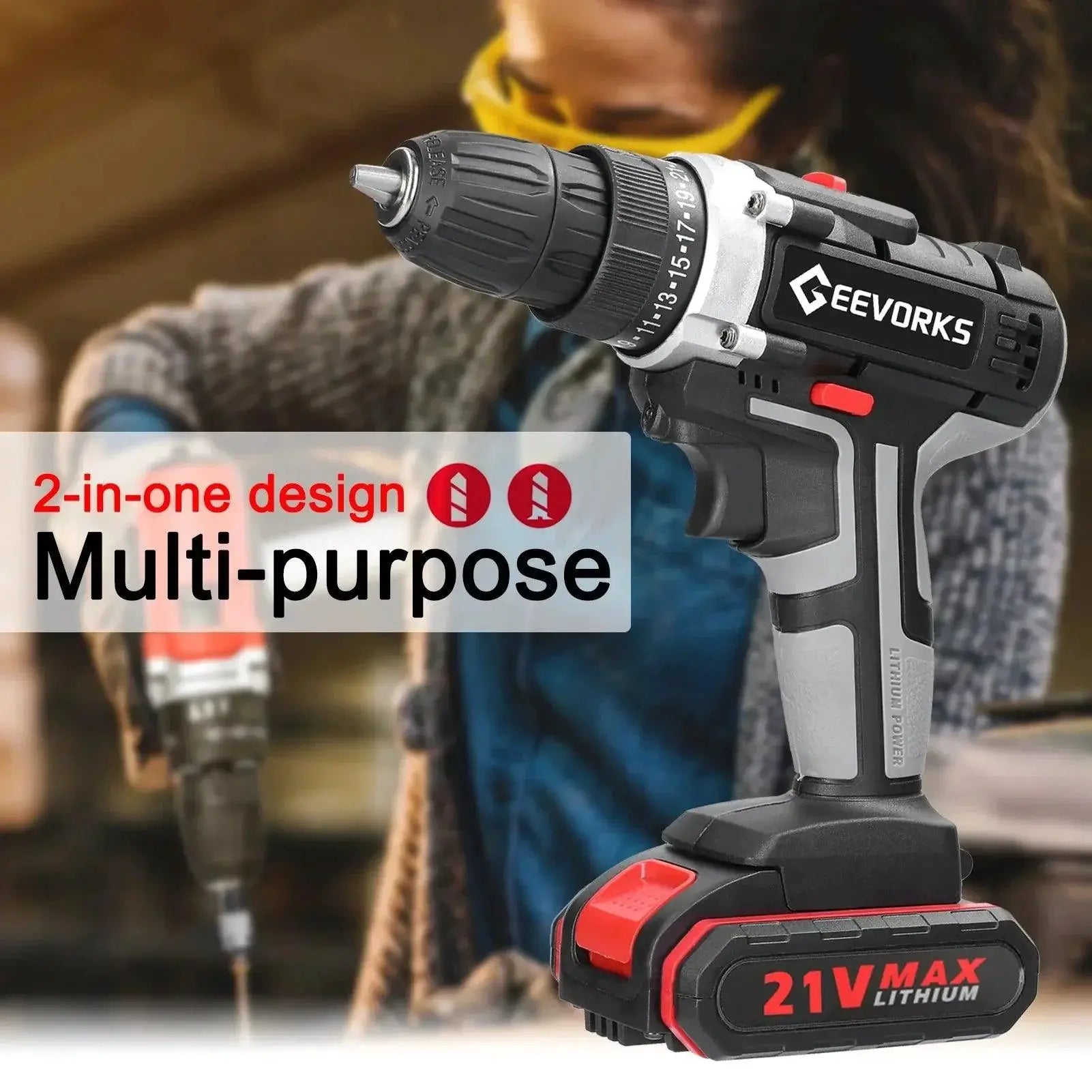 21V Cordless Impact Drill 3 - In - 1 Electric Screwdriver Kit