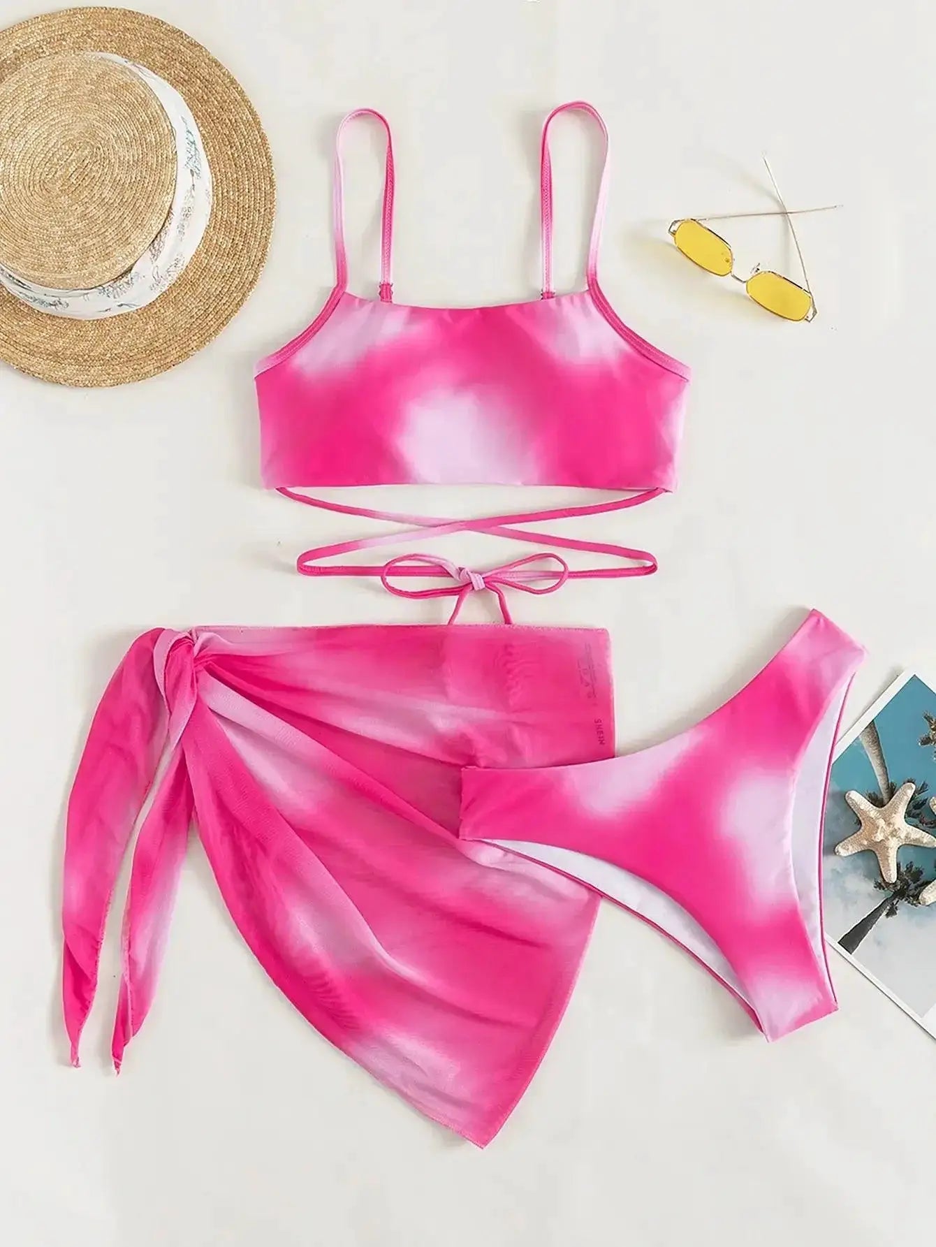 3 Piece Ombre Lace Up Bikini Swimsuit With Beach Skirt