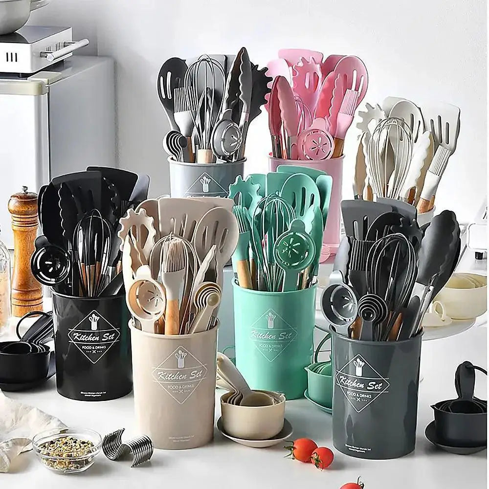 34 Piece Eco Friendly Silicone Utensil Set Wooden Handles