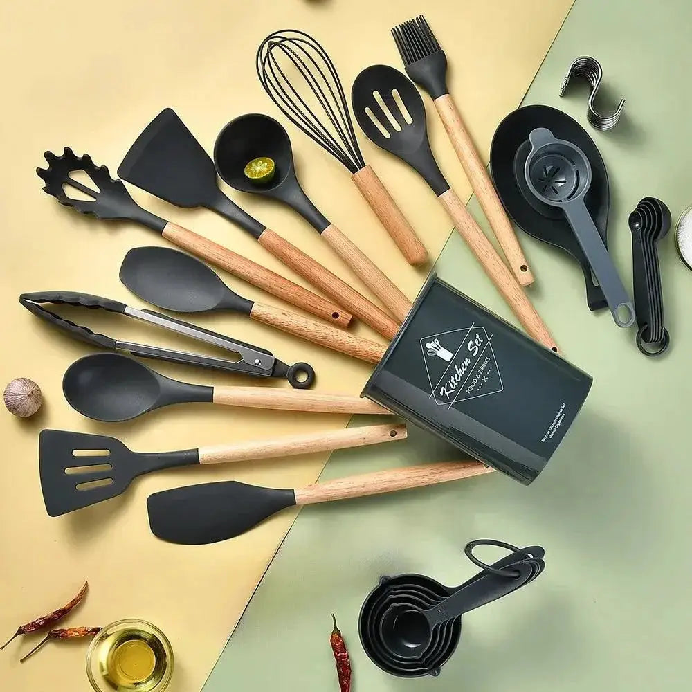 34 Piece Eco Friendly Silicone Utensil Set Wooden Handles