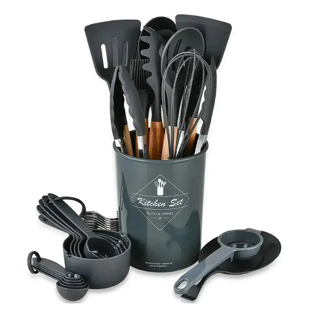 34 Piece Eco Friendly Silicone Utensil Set Wooden Handles