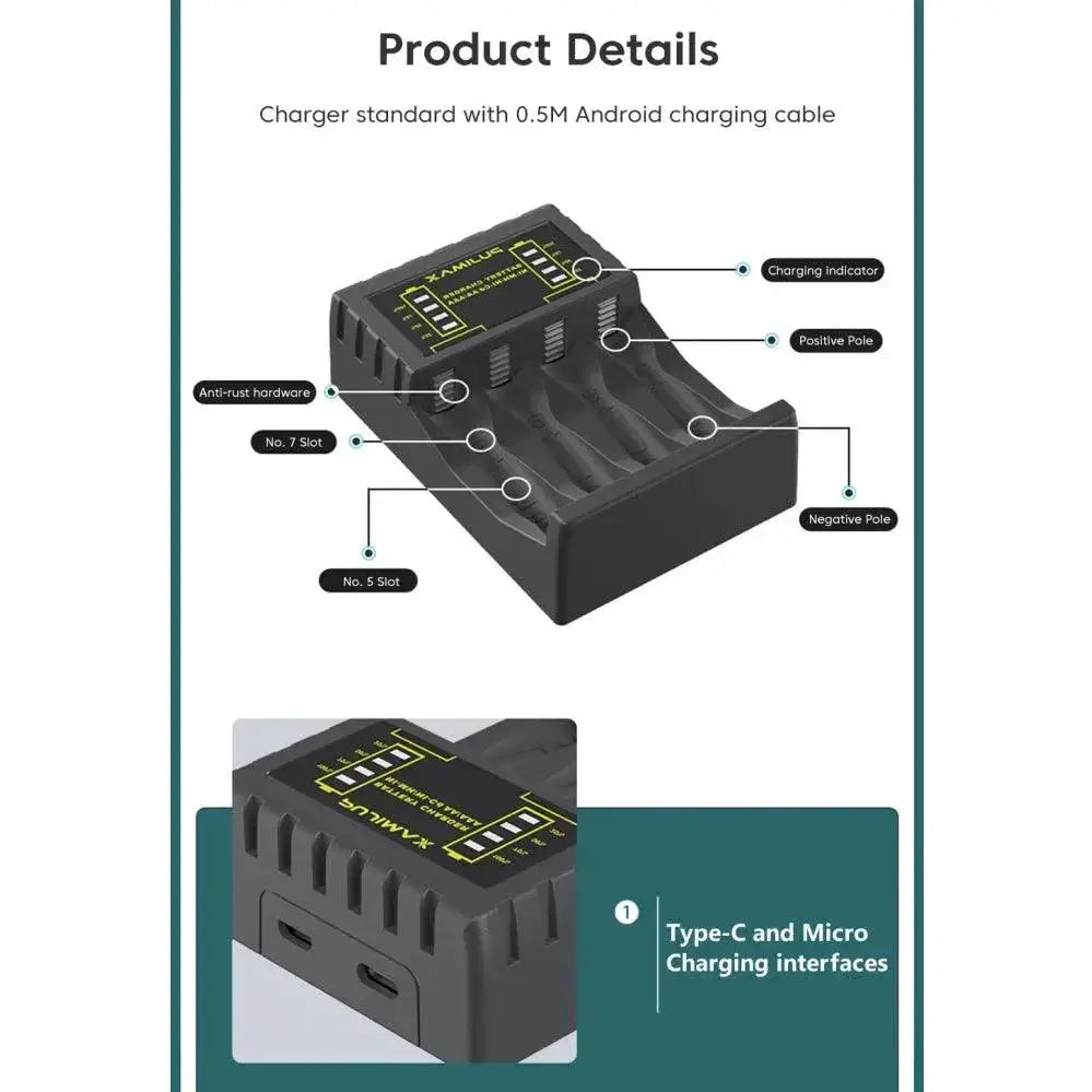 4 Slot Fast Battery Charger LED Indicator USB Charging Unit