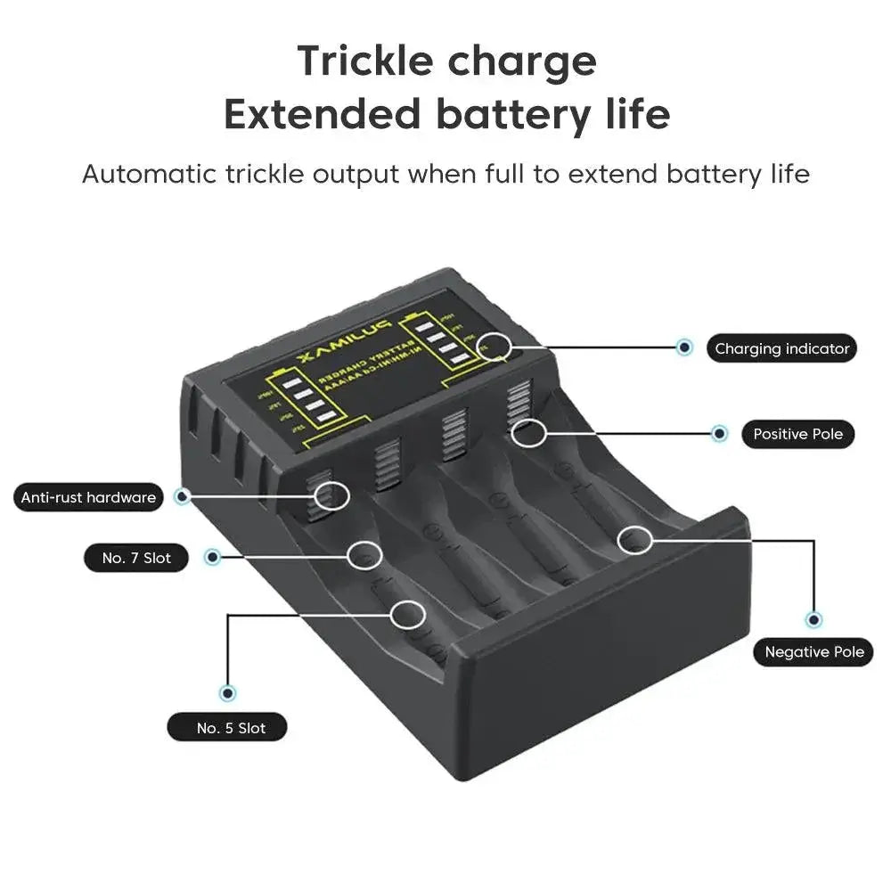 4 Slot Fast Battery Charger LED Indicator USB Charging Unit