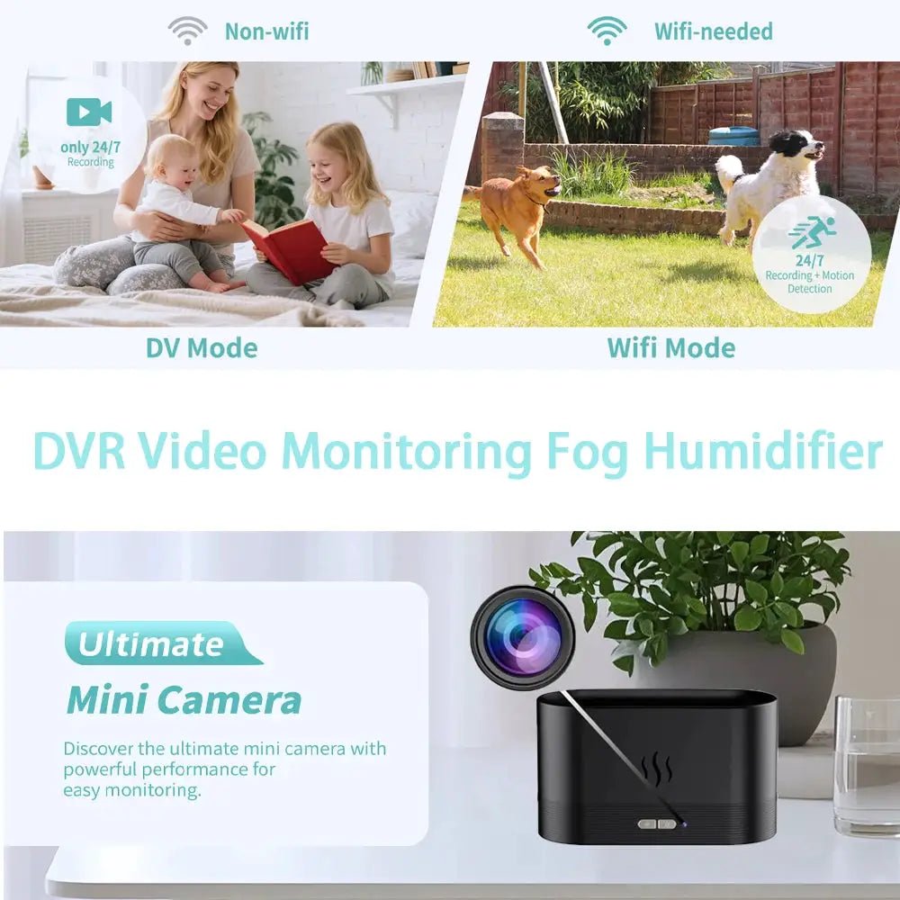 4K Mini WiFi Camera Mist Humidifier IR Night Vision Motion Detection Secure Home