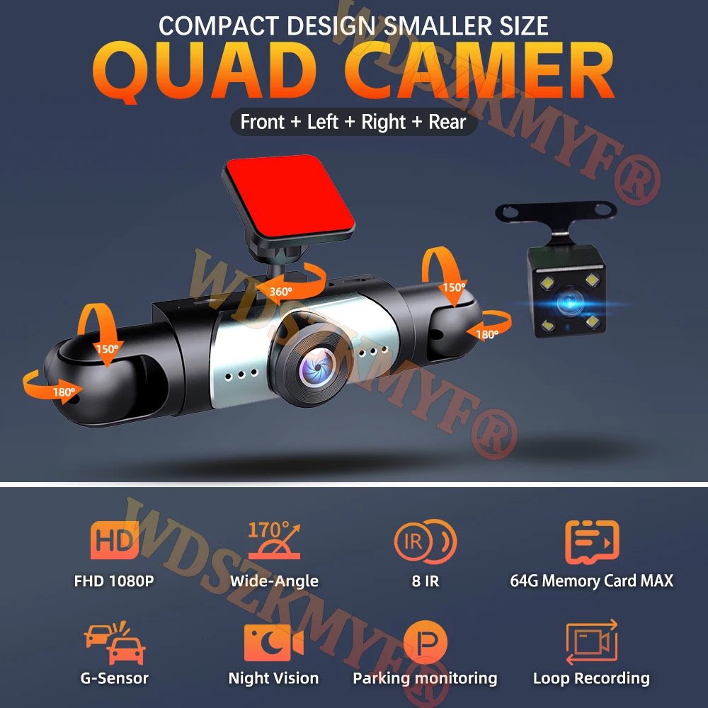 4Lens Car DVR 360 Degrees Video Recorder 1080P Dash Cam - 3 Or 4 Channel Rear HD