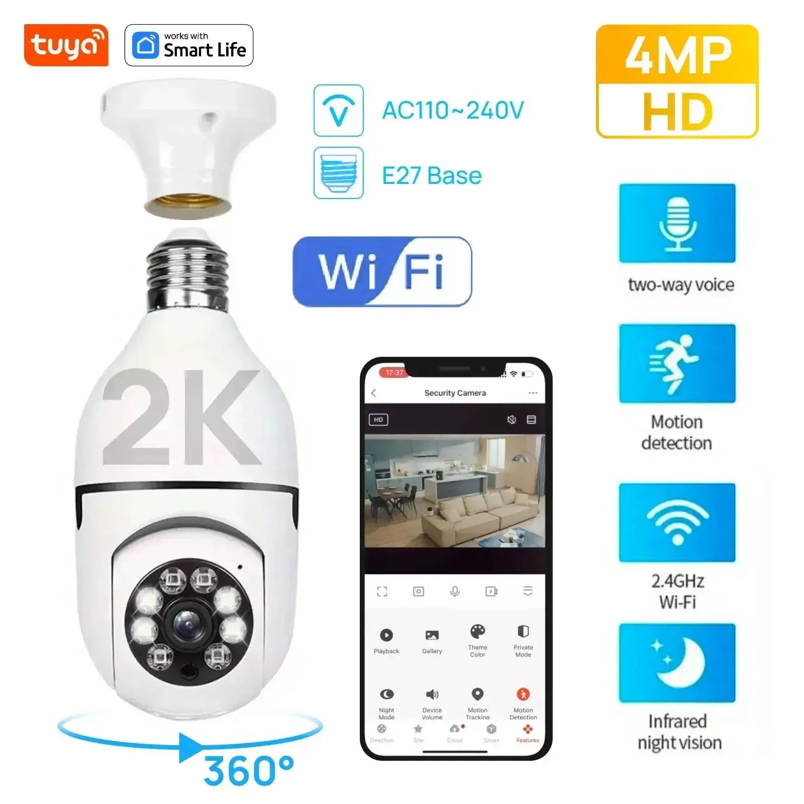 4MP Tuya E27 Smart Bulb Camera WiFi Night Vision Two Way Audio Motion Alerts