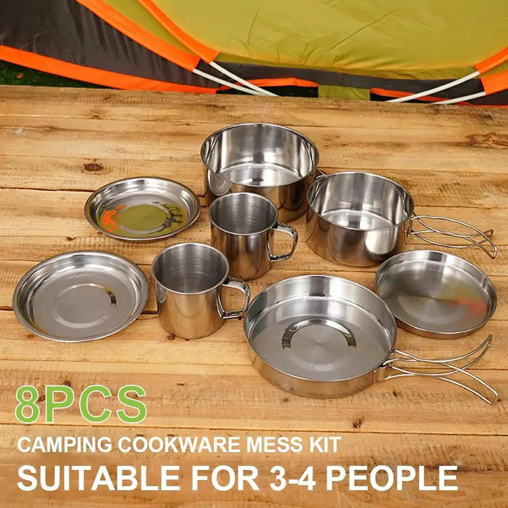 8 Piece Stainless Steel Camping Cookware Set For Hiking