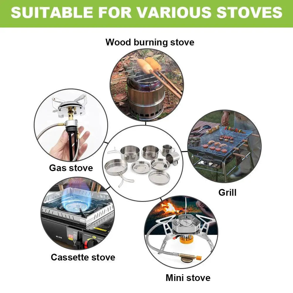 8 Piece Stainless Steel Camping Cookware Set For Hiking