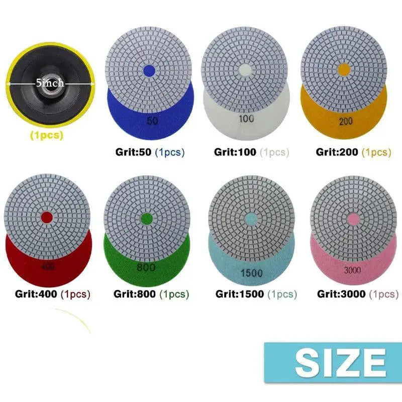 8Pcs Diamond Polishing Pads Kit 5 Inch Wet Dry M14