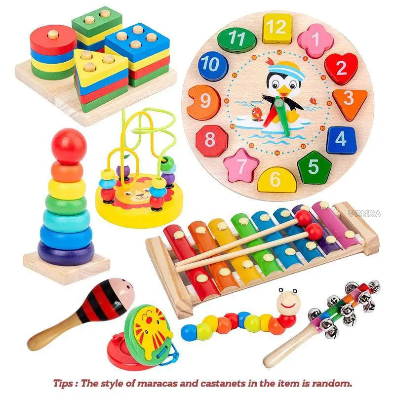 9 In 1 Wooden Montessori Toys Rattle Bell Drum Set For Kids
