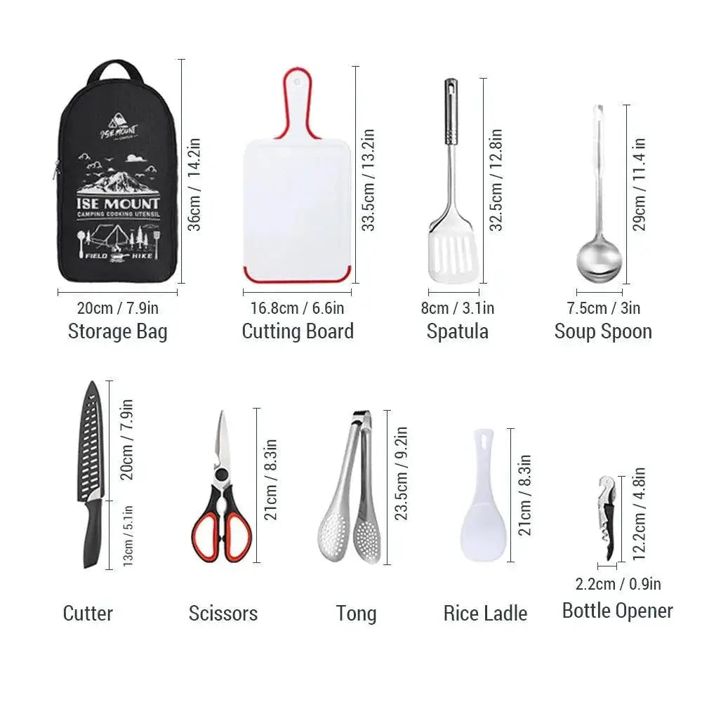 Nine Piece Portable Stainless Steel Camping Utensil Set