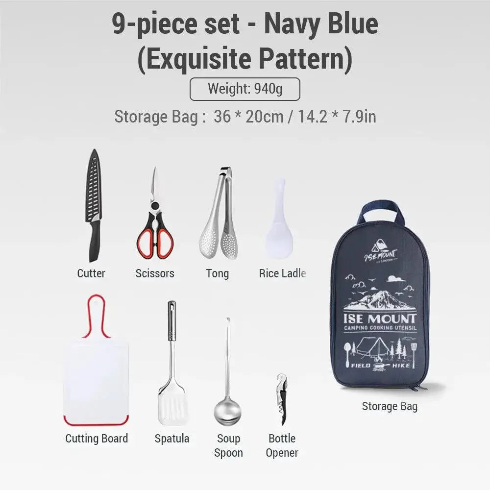 9 Piece Stainless Steel Portable Camping Utensil Set For BBQ