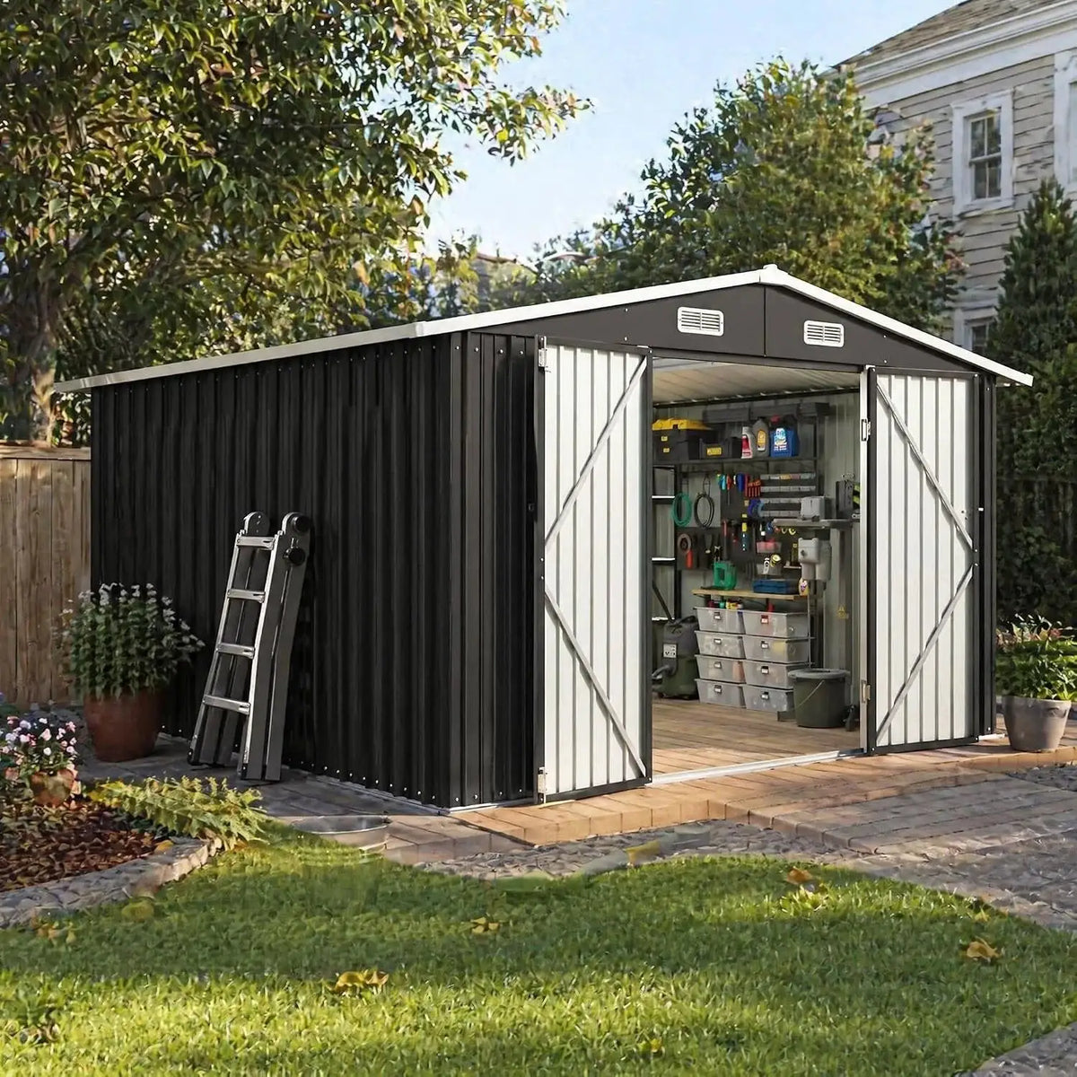 Nordivale 10x12FT Metal Storage Shed Lockable Double Door Outdoor Utility Shed with Sloped Roof for Backyard Garden Patio