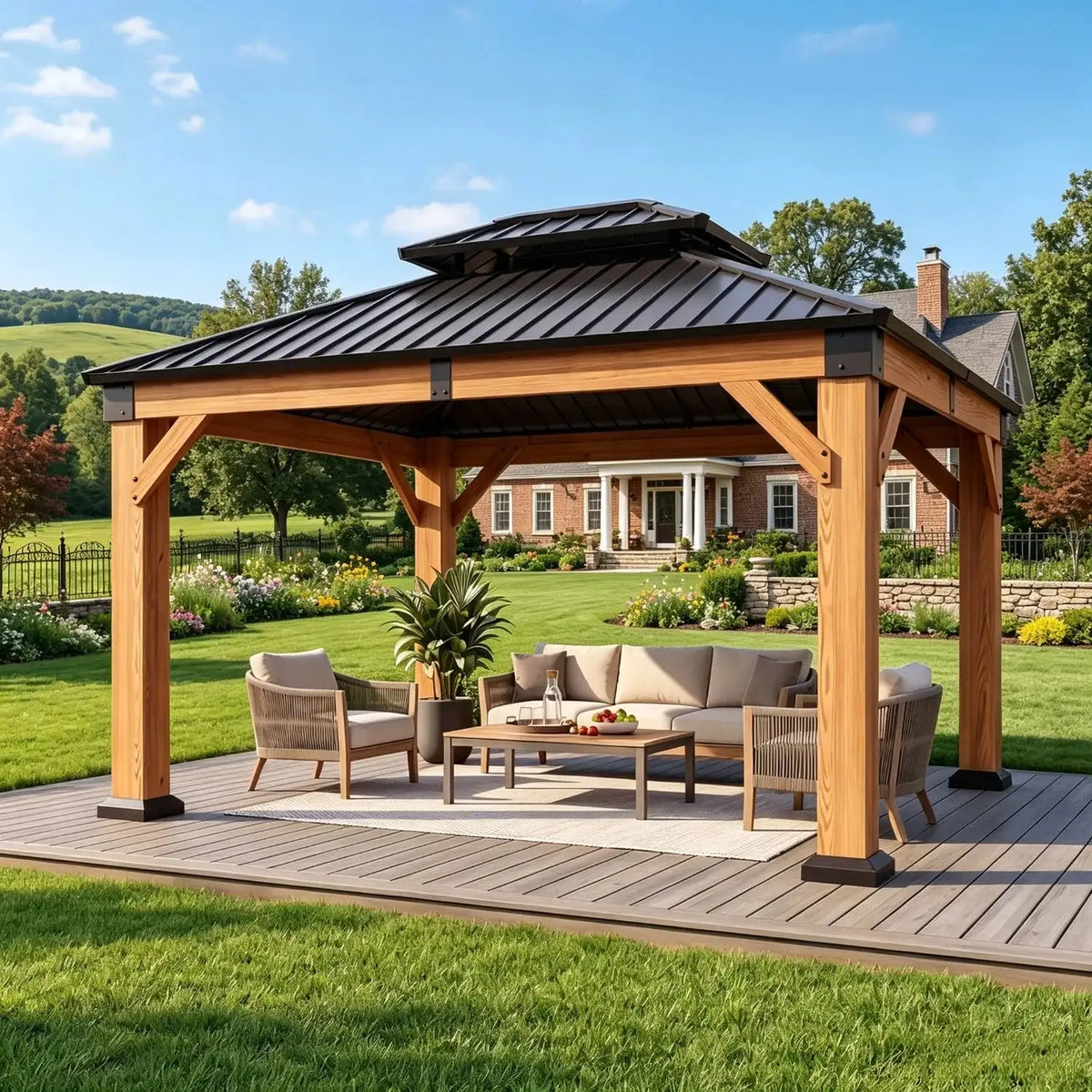 Nordivale 10x12Ft Hardtop Fragrant Fir Wood Gazebo Double Roof Galvanized Steel Outdoor Patio Deck Pavilion Permanent Structure