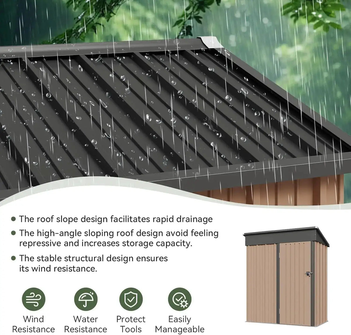 Aoxun 5x3ft Outdoor Metal Storage Shed Brown With Lockable Doors And Sloping Roof For Backyard Patio Poolside Garden Tools