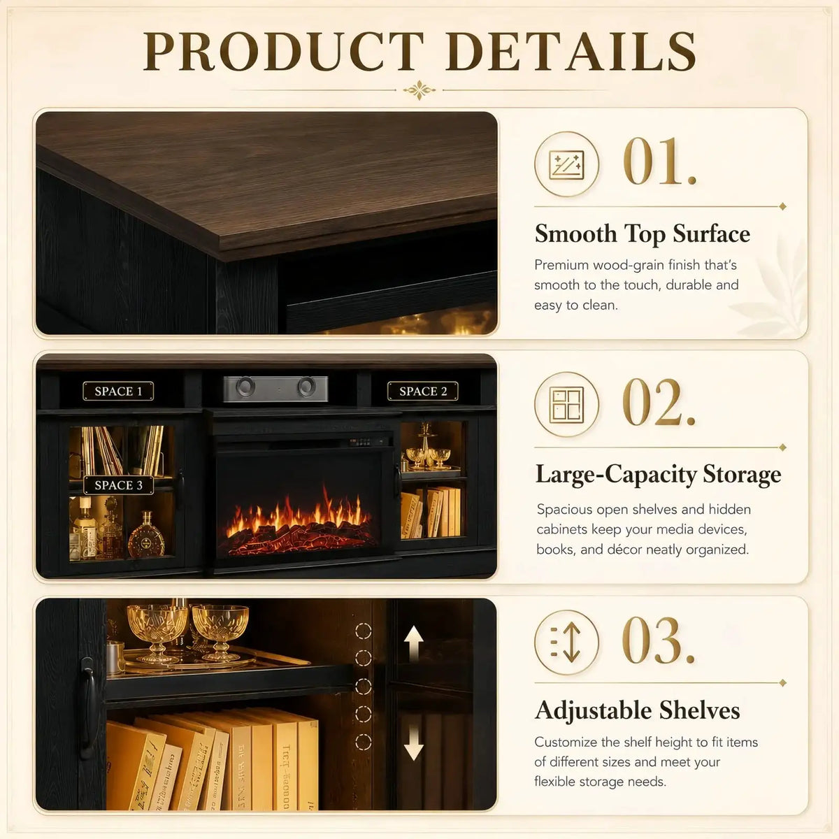 Aoxun 80" 3-Sided Glass Fireplace TV Stand, Modern Farmhouse Entertainment Center with Storage Cabinets, Large Media Console for Living Room Fits 90" TVs Black