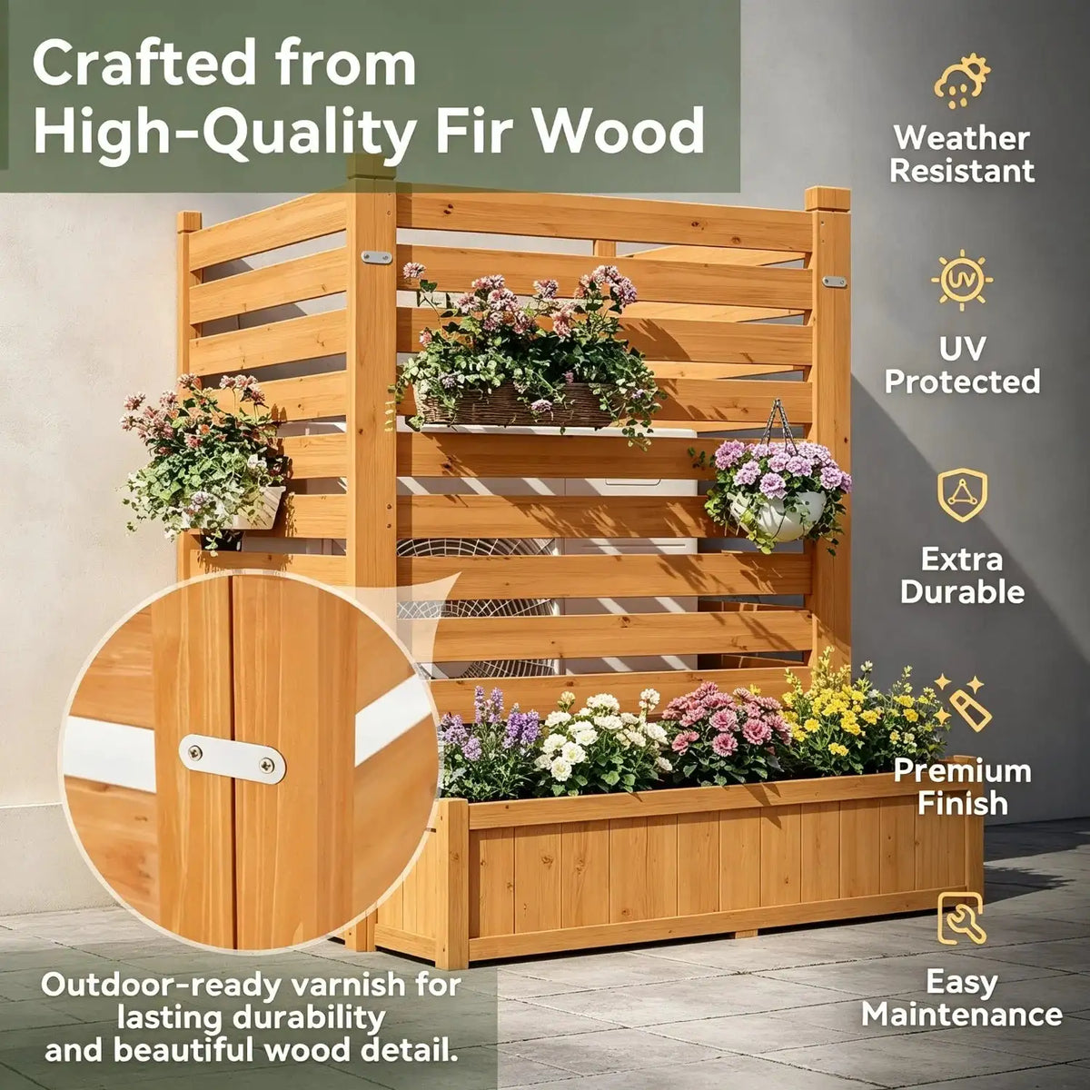 3 Panel Wood Privacy Screen With Planter Box 34x45 Inch Air Conditioner Fence For Trash Can Pool Patio And Backyard Decor No Dig Kit