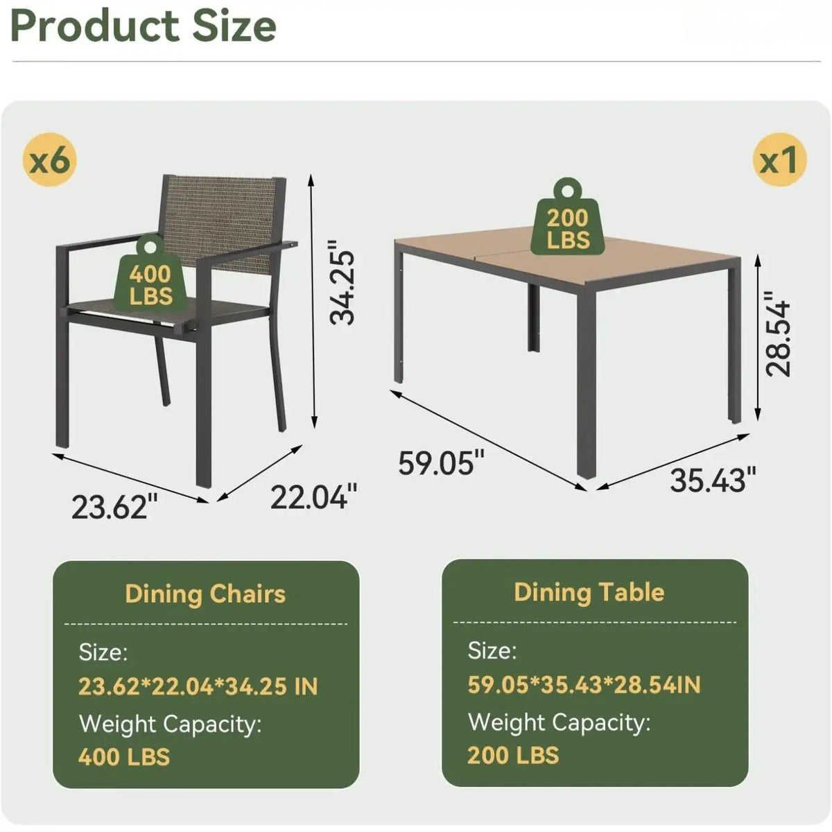 Aoxun 7 Piece Patio Dining Set for 6 All Weather Outdoor Table and Chairs Rectangular Metal Table Textilene Chairs Backyard Garden Poolside