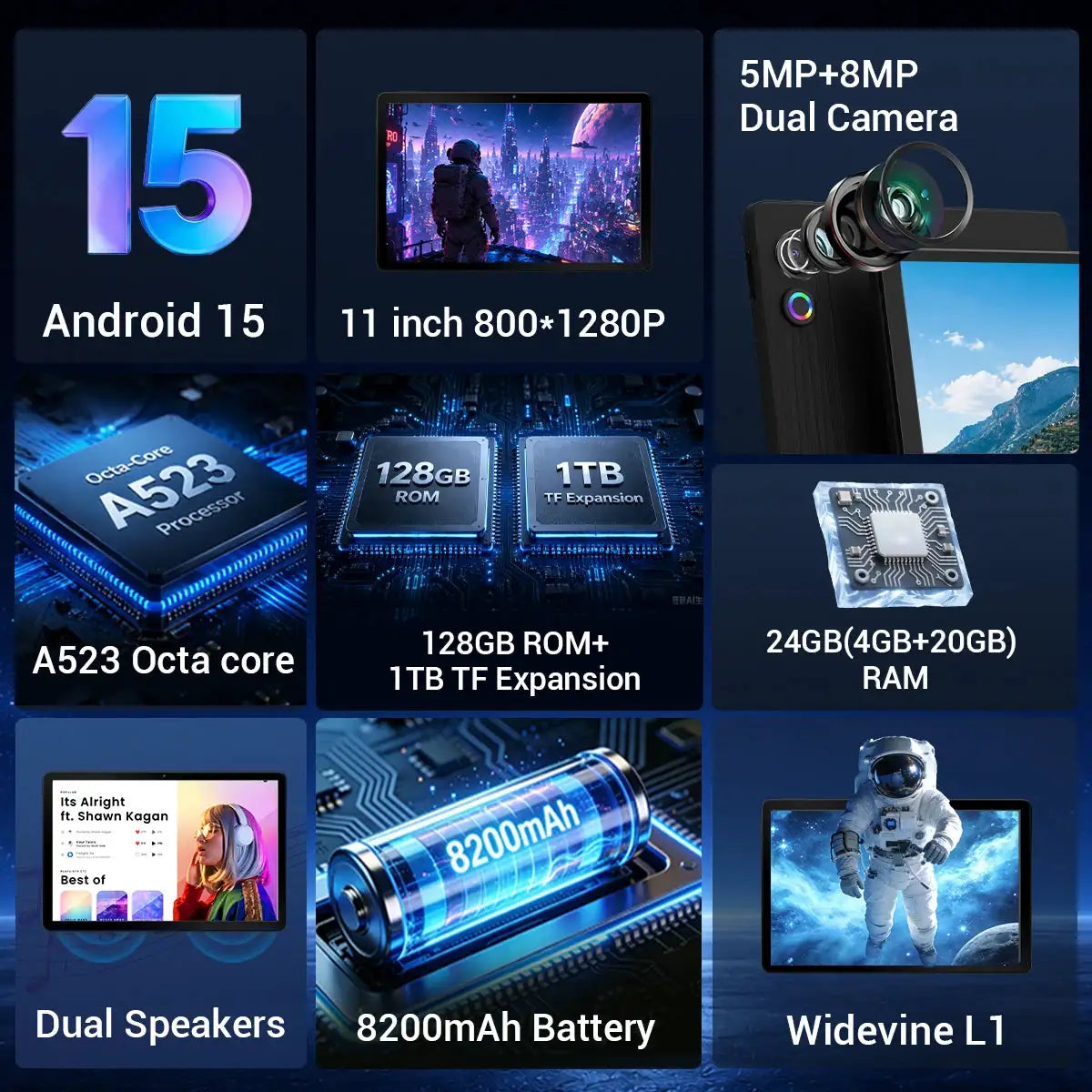 A7L 11 Inch Android15 Tablet PC Octa‑Core A523 24GB(4+20GB Virtual) 128GB ROM Widevine L1 Face ID Unlock 8200mAh Dual Speaker Tablet Complete Bundle With Keyboard Mouse Case Stylus Pen Headphones Charger`