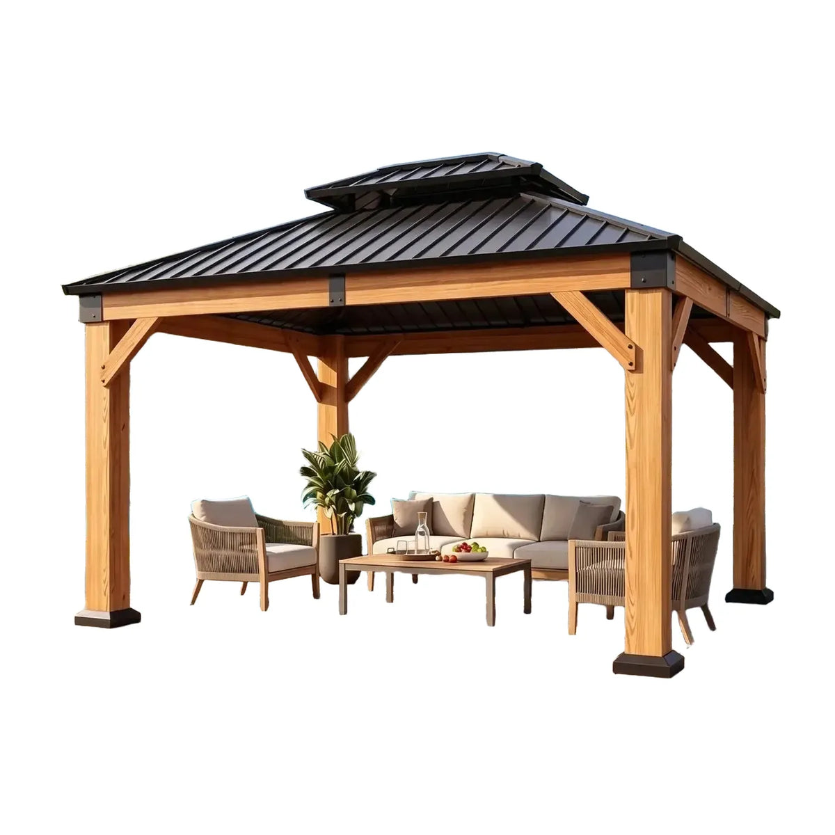 Nordivale 10x12Ft Hardtop Fragrant Fir Wood Gazebo Double Roof Galvanized Steel Outdoor Patio Deck Pavilion Permanent Structure