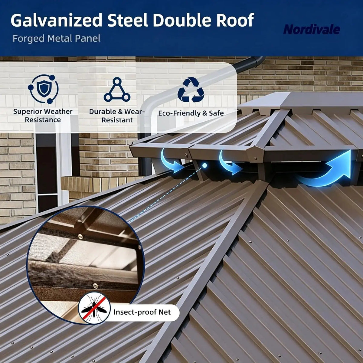 Nordivale 12x16FT Hardtop Gazebo Metal Pavilion Double Galvanized Steel Roof with Netting Curtains for Lawn Garden Patio Brown