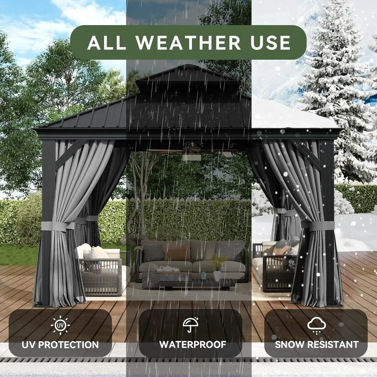 Nordivale 14x10FT Permanent Metal Gazebo Hardtop Aluminum Frame Double Top Galvanized Steel Roof with Gutter Drainage Curtains and Netting for Outdoor Party Garden