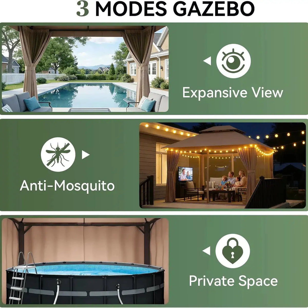Aoxun 12x10 Heavy Duty Gazebo with Curtain and Mosquito Netting Double Roof Patio Tent Zipper Screen Backyard Garden Lawn Shelter Beige