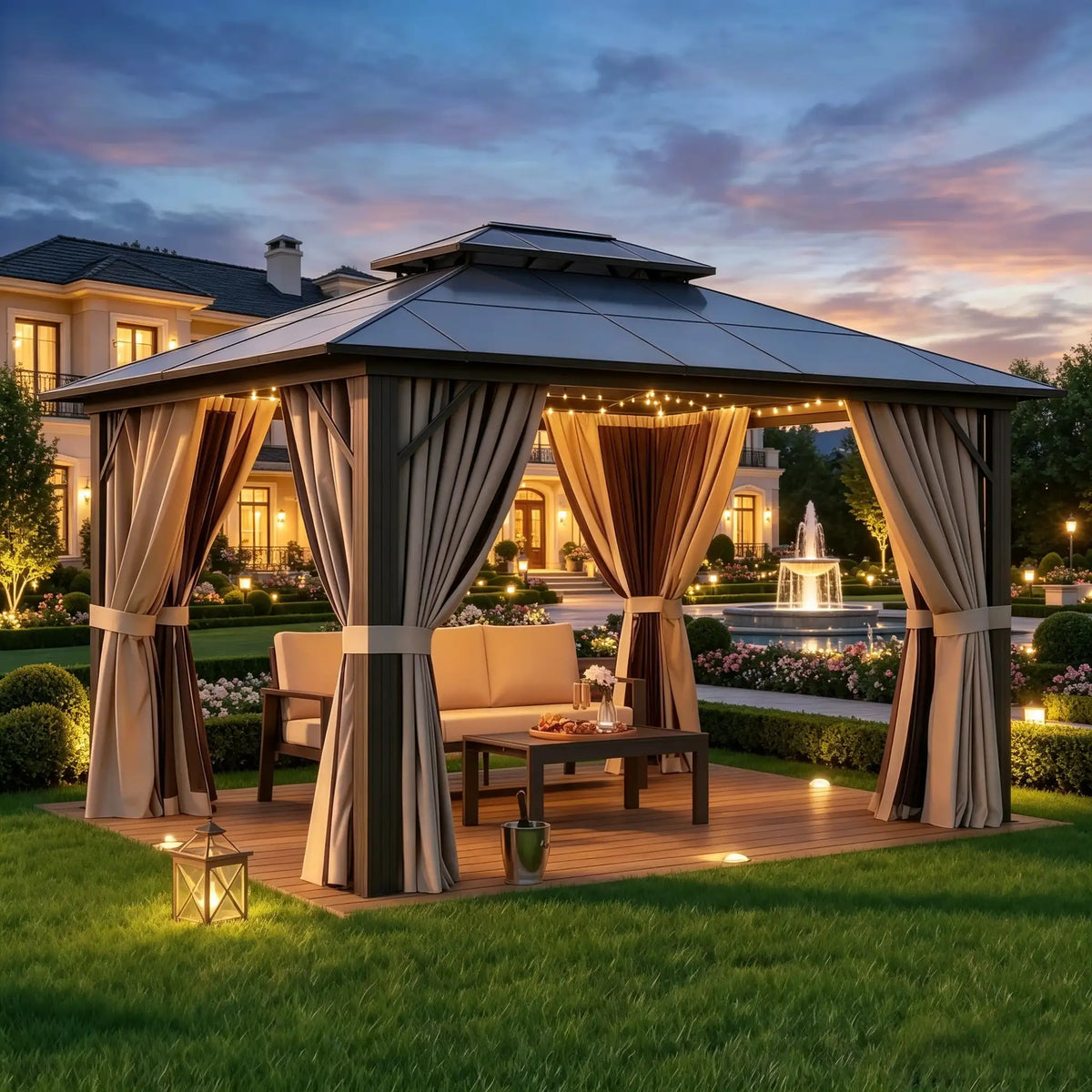 Nordivale 10x12FT Hardtop Gazebo Permanent Aluminum Frame Pavilion with Curtains and Netting Polycarbonate Double Roof Outdoor Canopy for Patio Garden Lawn