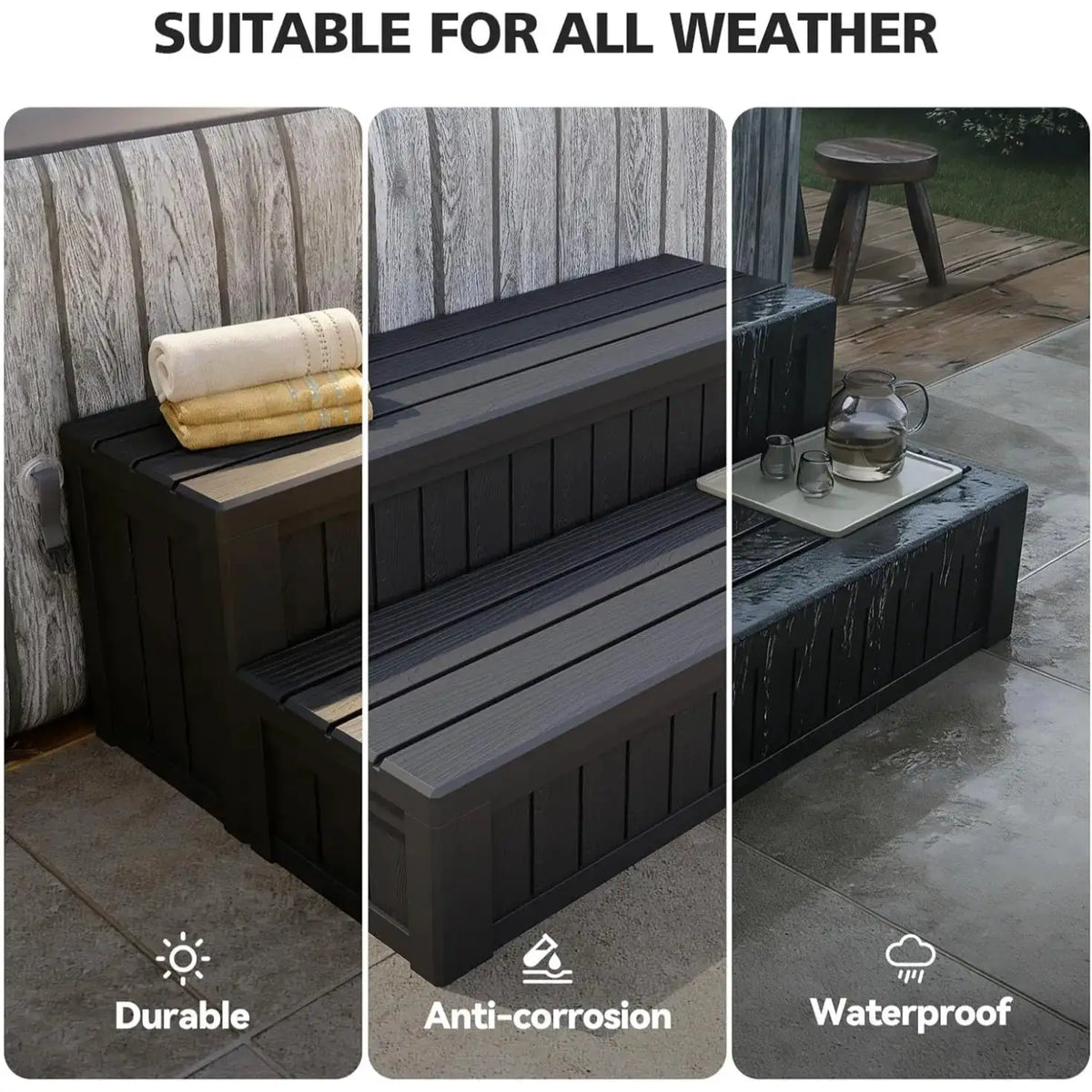 Universal Hot Tub Steps With Storage, Outdoor Spa Stairs With Storage Compartment, Non-Slip Sturdy Waterproof Heavy Duty Porch Step, Wood Looking Indoor Outdoor Use, 600LBS Weight Capacity