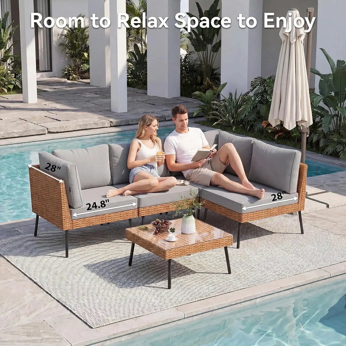 Aoxun 5pcs Outdoor Patio Furniture Set Light Grey Wicker Sectional Sofa with Coffee Table Water Resistant Thick Cushions Modular Conversation Set for Backyard Garden Deck
