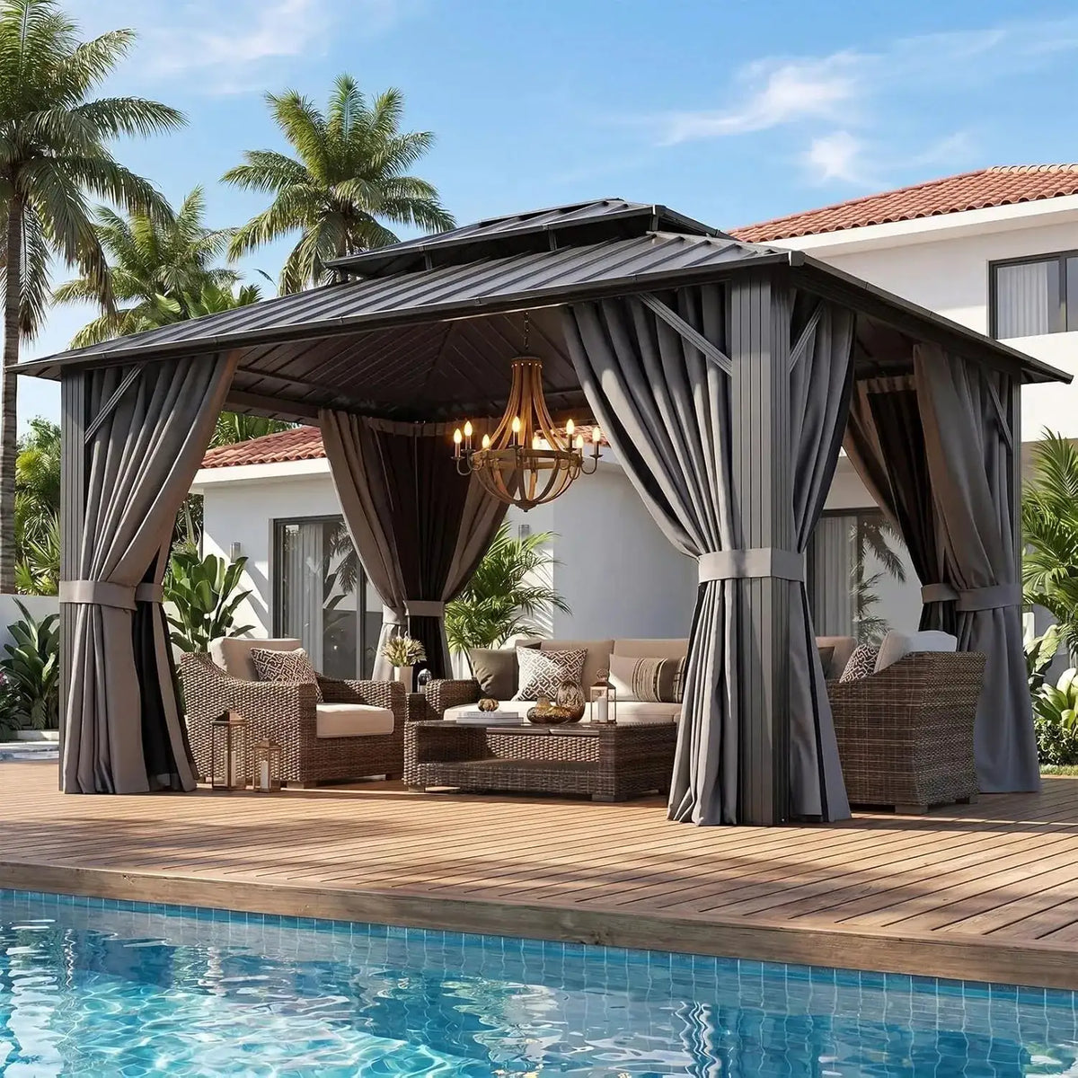 Aoxun 12x10ft Hardtop Gazebo Outdoor Pergola Canopy with Netting and Curtains Galvanized Steel Double Roof Metal Backyard Shelter Grey