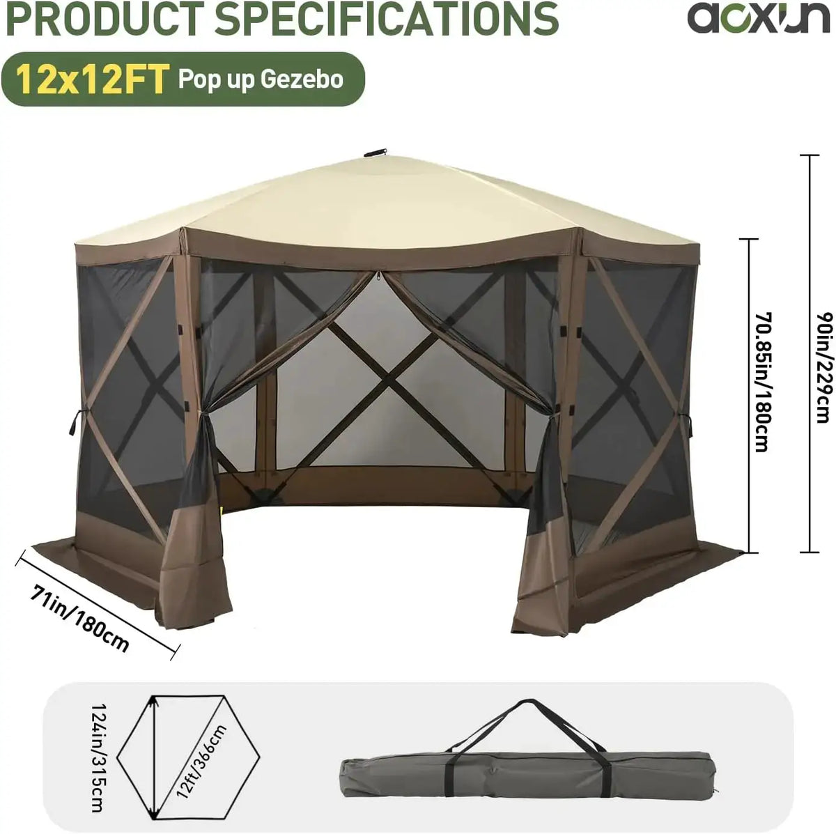 Aoxun 12x12ft Pop Up Canopy Tent 6 Sided Screen Tent With Mesh Windows And Carrying Bag Large Sunshade For Camping Backyard Courtyard Lawn Brown