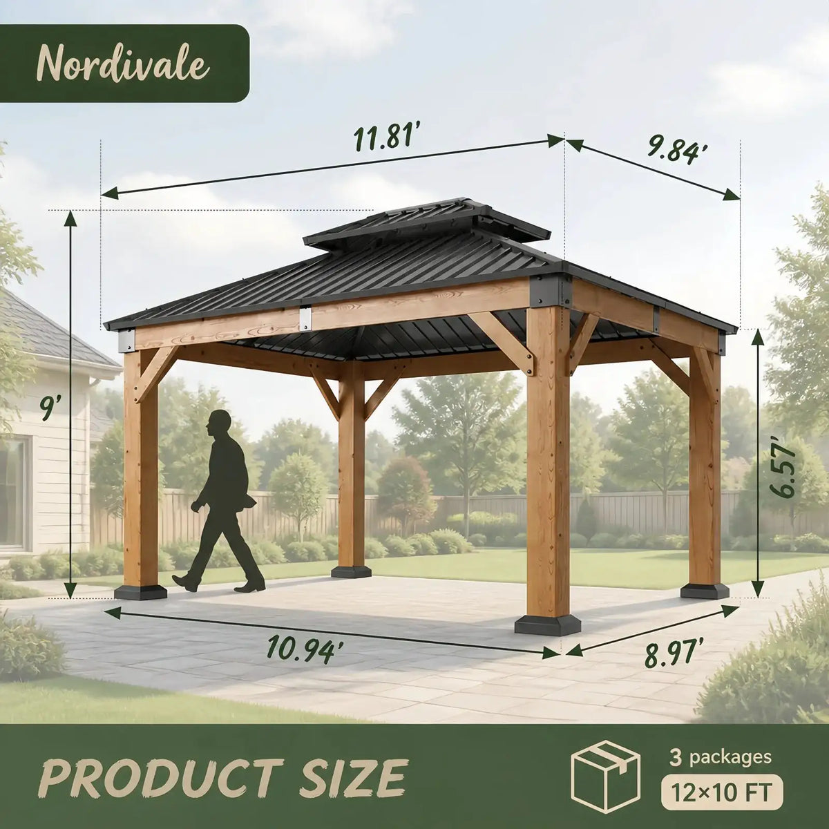 Nordivale 10x12FT Fragrant Fir Wood Hardtop Gazebo Permanent Wooden Pavilion Galvanized Iron Double Roof Outdoor Canopy for Patio Garden Deck Natural