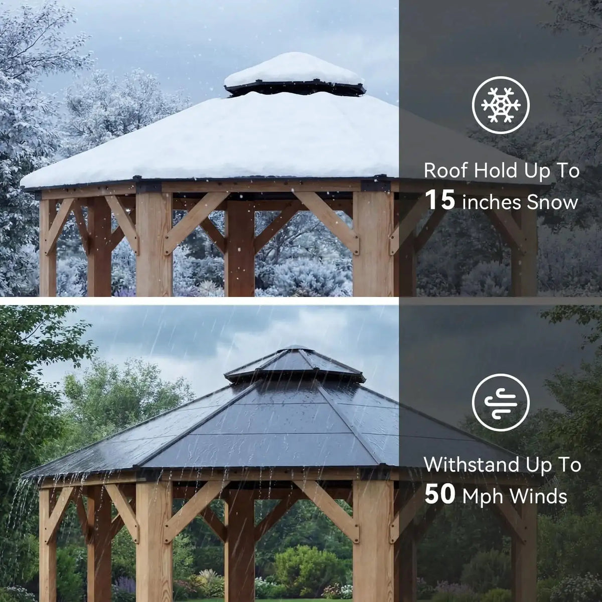 Nordivale 13x13 FT Cedar Wood Hardtop Gazebo Permanent Wooden Pavilion Galvanized Steel Double Roof Outdoor Canopy for Patio Garden Deck