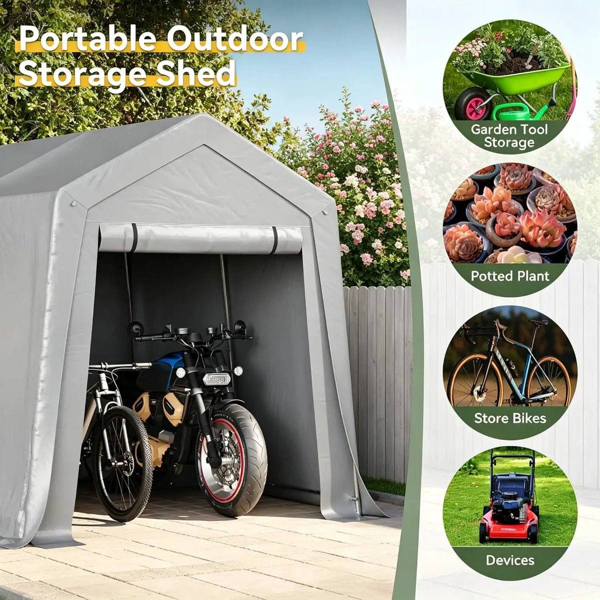 6x8x7 FT Outdoor Portable Storage Shed Tent Waterproof Carport for Motorcycle Bike Generator Roll Up Zipper Door Window Galvanized Steel Gray