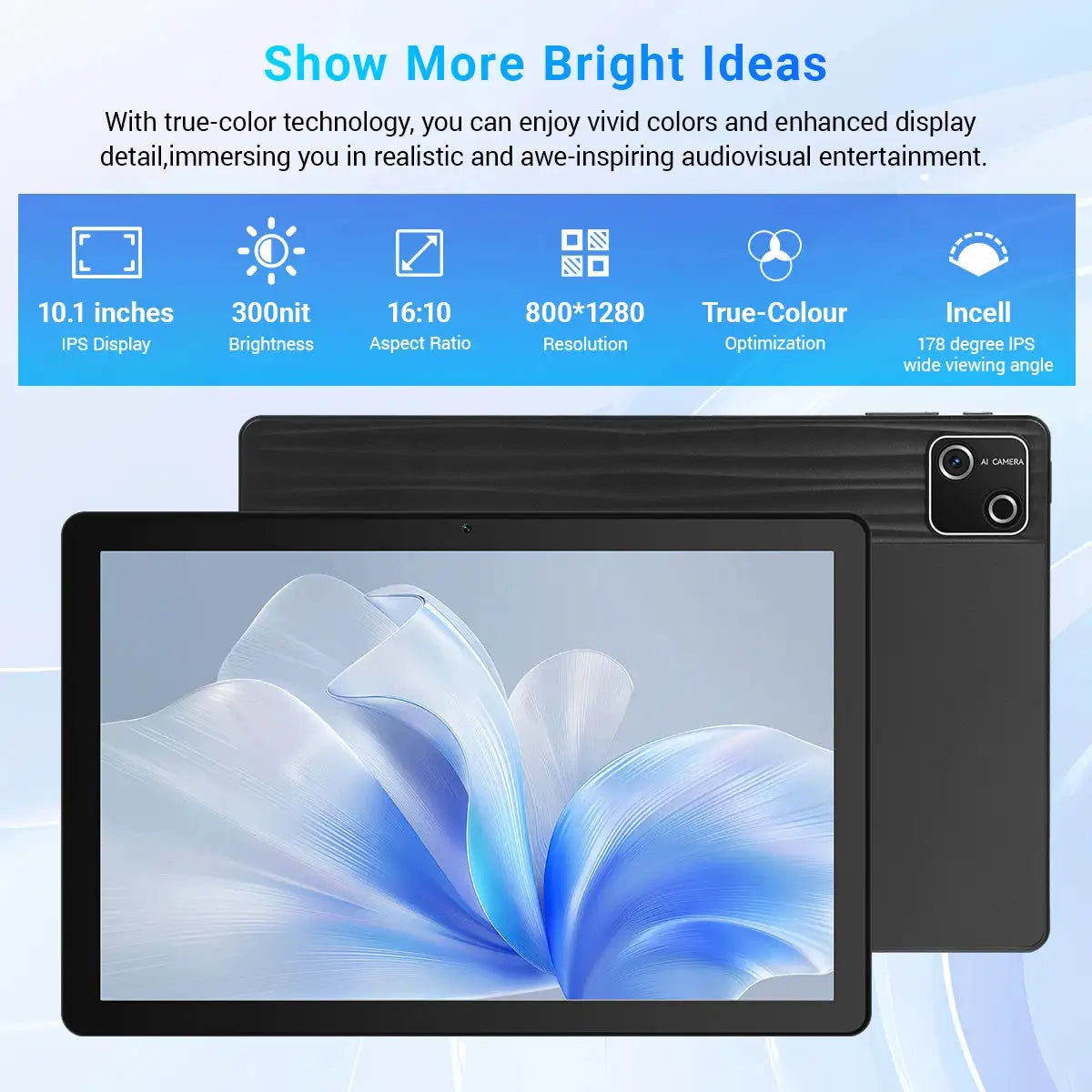 10.1 Inch Octa Core Tablet Bundle Android 15 Tablet 30GB(6+24) RAM 128GB ROM 1280*800 HD Screen 6200mAh Battery Keyboard Mouse Case Stylus Included Black Business Learning Tablet PC