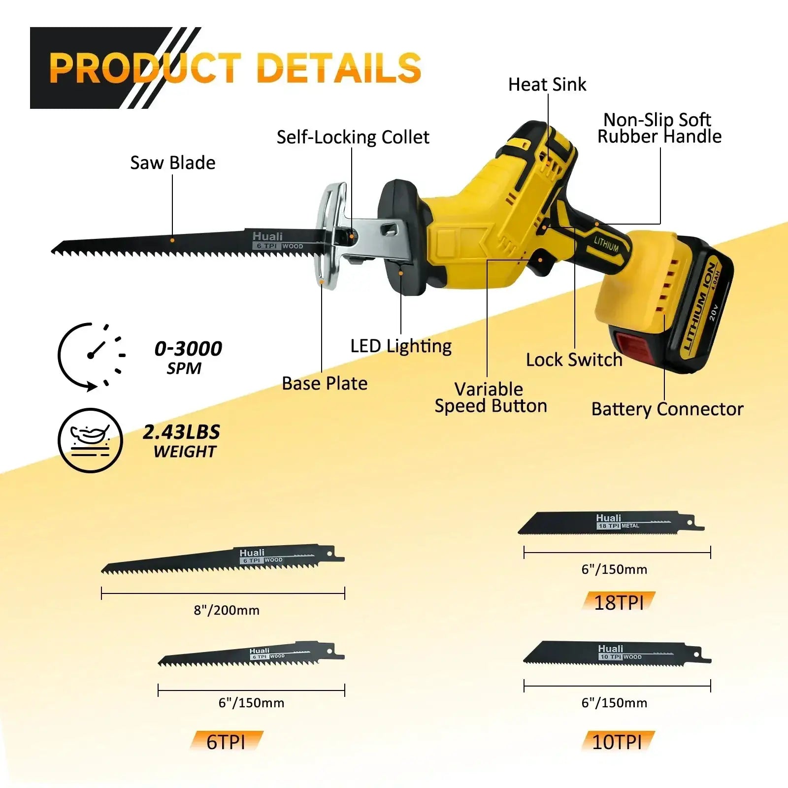20V Reciprocating Saw 0 To 3000 SPM Ergonomic Tool