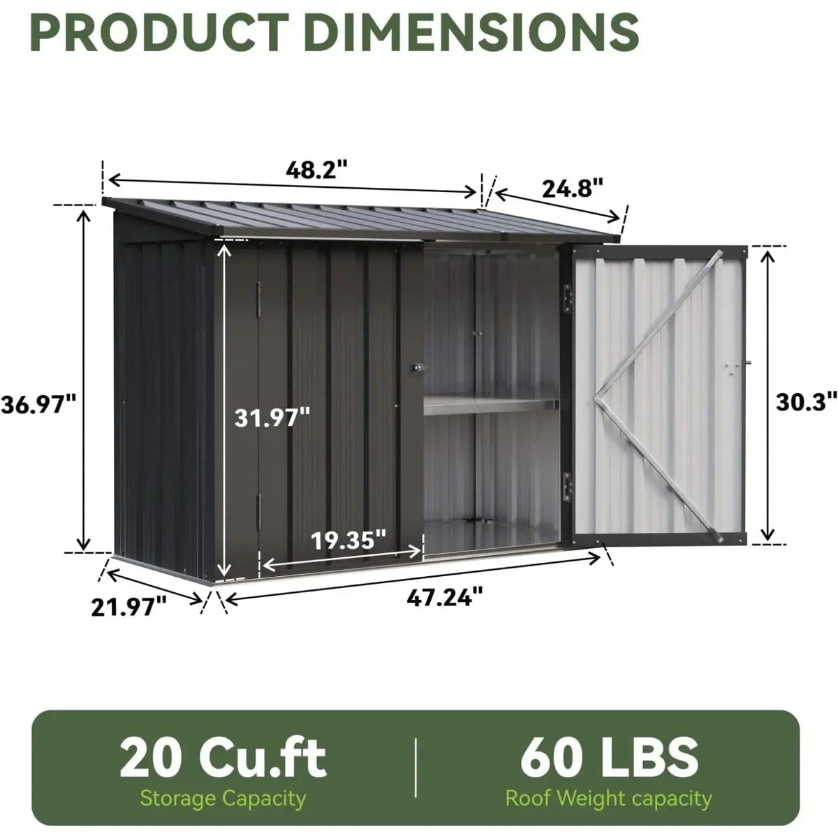 Nordivale 4x2FT Outdoor Storage Cabinet 20 Cu Ft Metal Storage Shed All Weather Tool Storage Box Hydraulic Lid Lockable Doors Patio Garden Garage Black