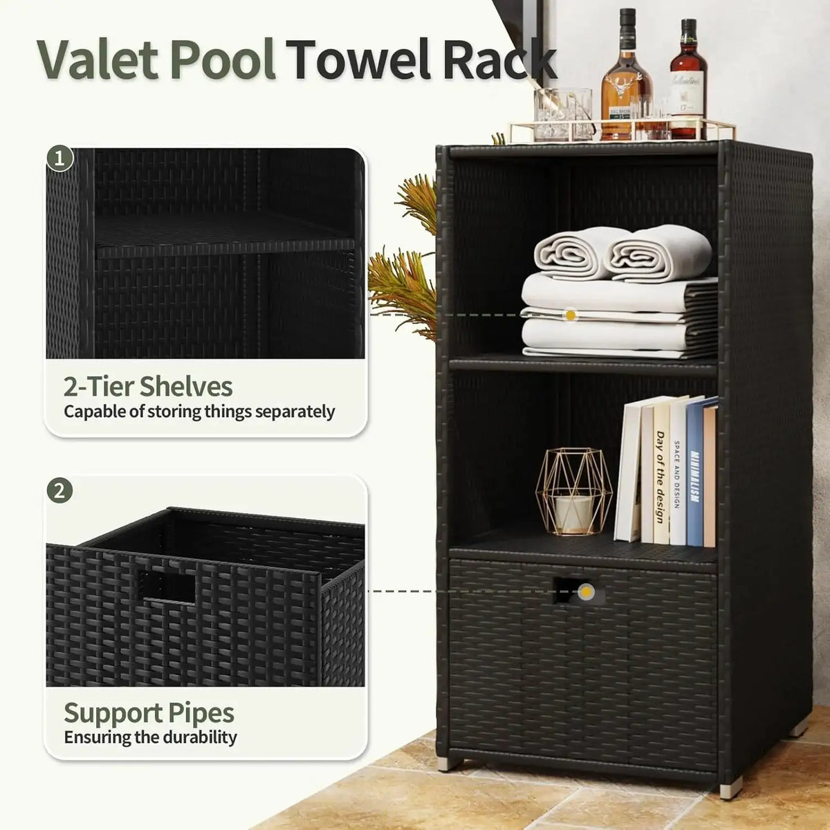 Aoxun Outdoor Towel Cabinet Pool Accessory Storage Organizer Freestanding Waterproof PE Rattan Wicker Shelf 2 Layer with 1 Bottom Drawer for Pool Patio Indoor Black