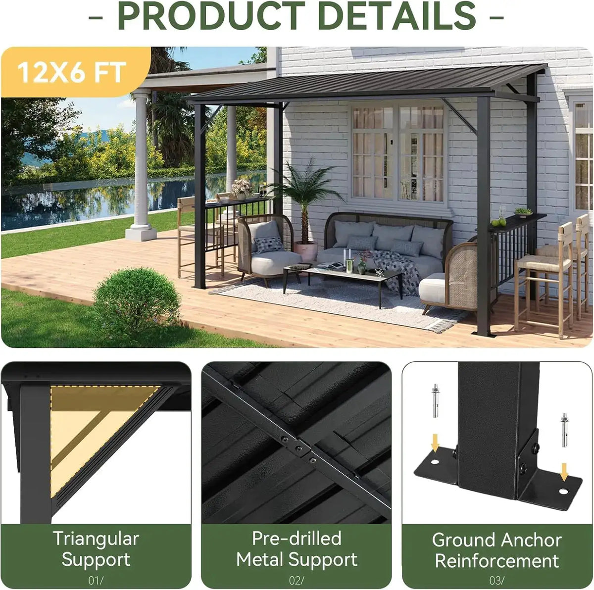 12x6ft Hardtop Grill Gazebo Sloping Steel Roof Black Outdoor BBQ Canopy With 2 Side Shelves And Hooks Permanent Metal For Patio Backyard Deck