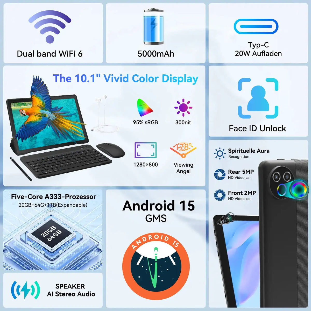 New KB1001L 10.1" IPS Tablet Bundle Android 15 Five‑Core Processor 20(3+17)GB Expanded RAM 64GB Storage Keyboard Mouse Stylus Cover Headphones WiFi‑6 Widevine L1 5000mAh 20W Fast Charge Tablet US Stock