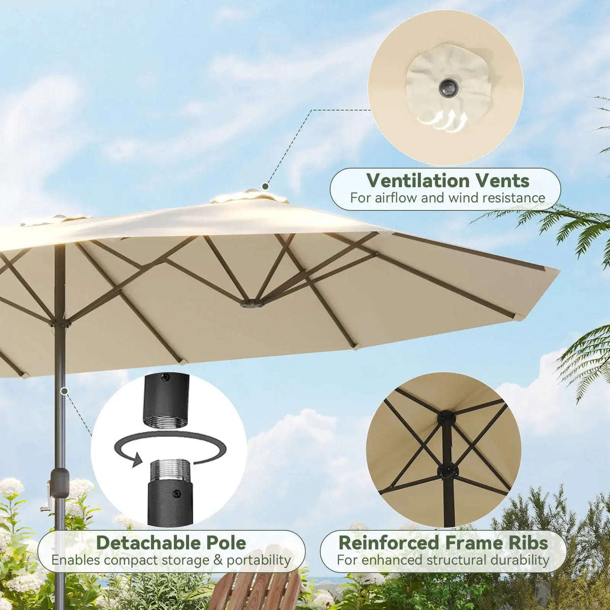 Nordivale 15ft Double-Sided Rectangular Patio Umbrella Beige Crank Handle Vented Canopy Large Outdoor Parasol with Base for Pool Deck Garden